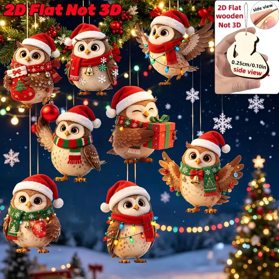 1/5/10/20/50/100pcs 2D Design, 2D Design - Set of 8 Cute Wooden Christmas Owl Ornaments with Different Christmas Outfits - 2D De
