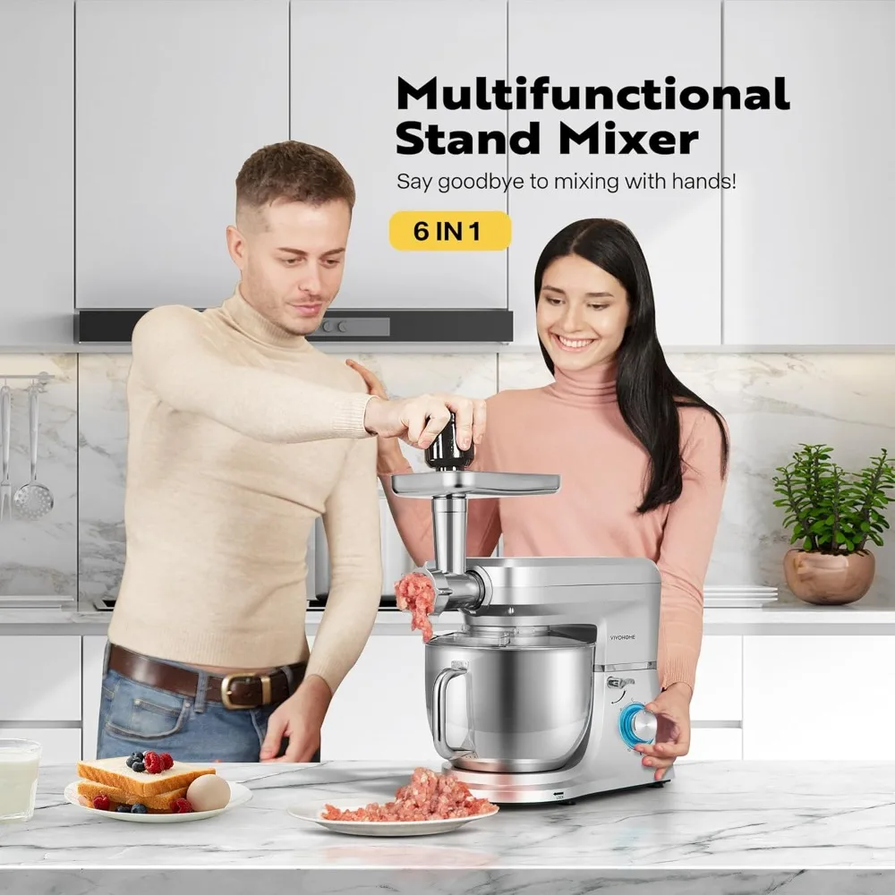 10 Speed Tilt-Head Meat Grinder, Juice Blender, Vegetable Slicer, Pasta and Cookie Maker, Silver