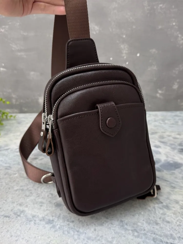 Vintage Male Casual High Street Handbag Black Cowskin Chest Bag Zipper Crossbody Bags Versatile Handmade Men Single Shoulder Bag