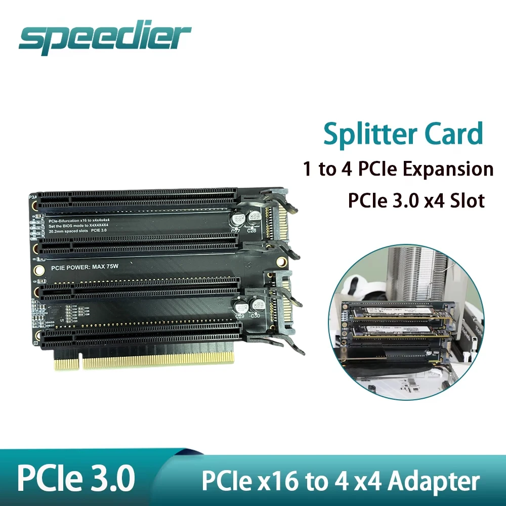 PCIe 3.0 Bifurcation Card PCI-E X16 to 4 X4 Splitter Card 1 to 4 PCI-E Adapter Support X4X4X4X4 Mode for NVMe SSD Network Card