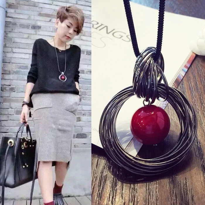 Women Black Chain Maxi Necklace Red White Pearl Ball Pendant Long Necklaces New Circles Fashion Romantic Jewelry Gift for