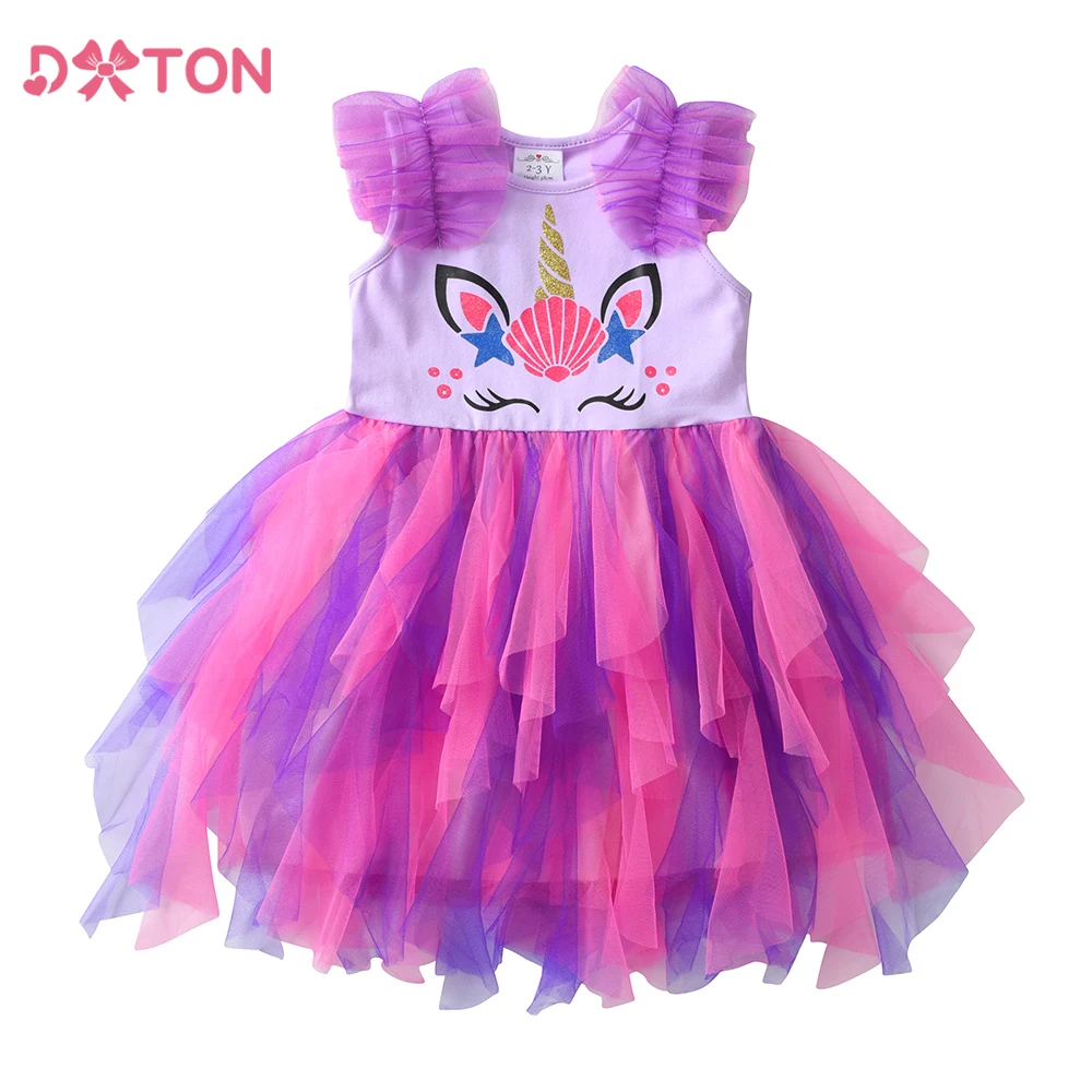 

DXTON Kids Summer Sleeveless Dress Cartoon Girl Colorful Dresses Children Irregular Princess Dress Mesh Kids Party Clothes Wear