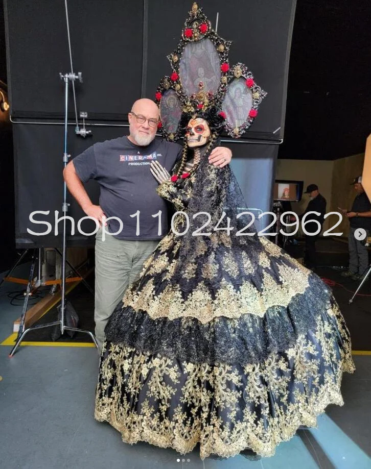 Black Gold Charro Catrina Quinceanera Dresses Mexican Long Sleeve Applique Lace Puffy Skeleton Corset vestido de baile 15 anos