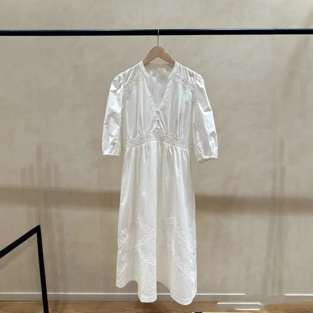 

Ele Hollow out Embroidery Midi Dr V Ne 3/4 Sve Spring Summer New Sle Cotton Bubble Sve a Line Skirt Dr