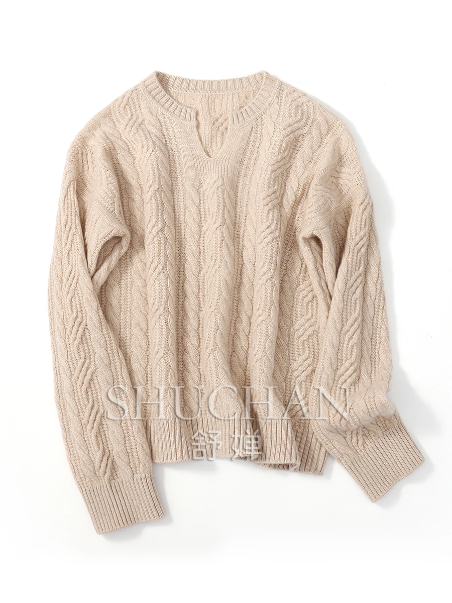 100% Pure Cashmere Pullover Women's Round V-neck Pullover Knitted Loose Sweater Women Long Sleeve Top