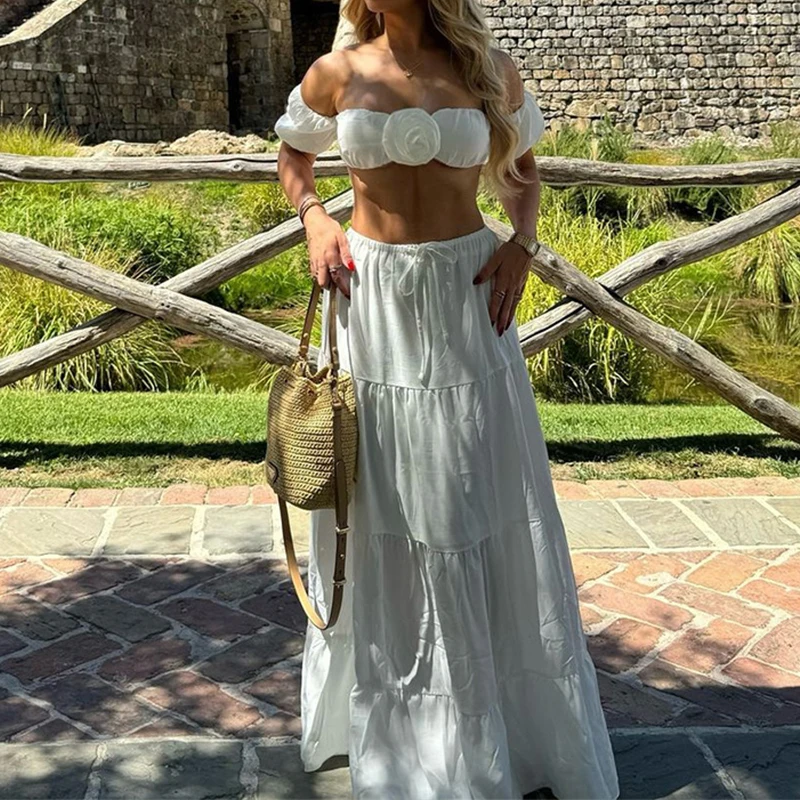 Feminino casual manga curta plissado bolo saia outfits moda rendas sólida festa 2pc terno sexy sem alças colheita superior & saia longa conjunto