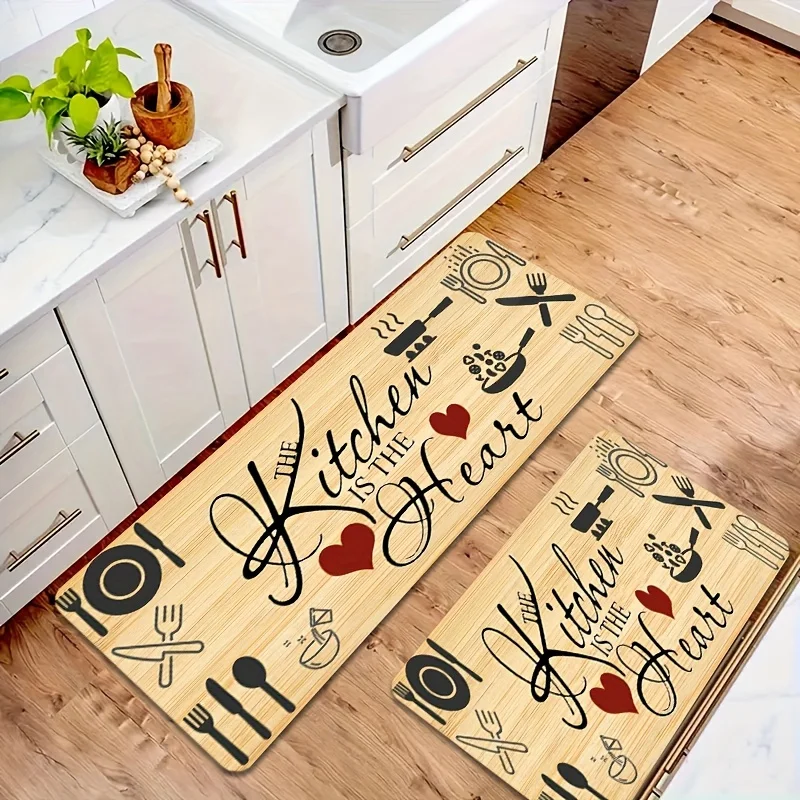 VIKAMA 1/2pcs Simple Knife And Fork Heart-Shaped Kitchen Floor Mat, Laundry Room Floor Mat, Machine Washable, Home Decoration view 4