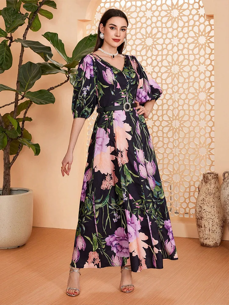 

2024 Elegant Lantern Sleeve Print Maxi Dress for Women Floral V-Neck Evening Dresses Dubai Abaya Turkey Kaftan Islamic Vestidos