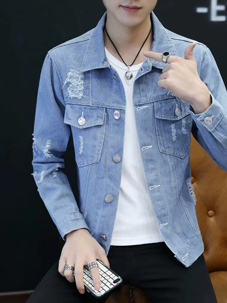 

Мужская джинсовая куртка приталенного кроя, повседневная, универсальная, весна-осень, новая, в корейском стиле, модная брендовая одежда, дышащая, приталенная куртка.