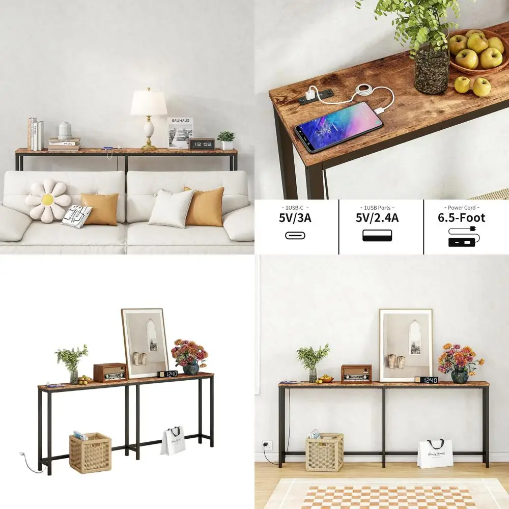 

71.5 Rustic Brown Console Table with Power Outlets and Charging Station for Sofa, Entryway, and Living Room