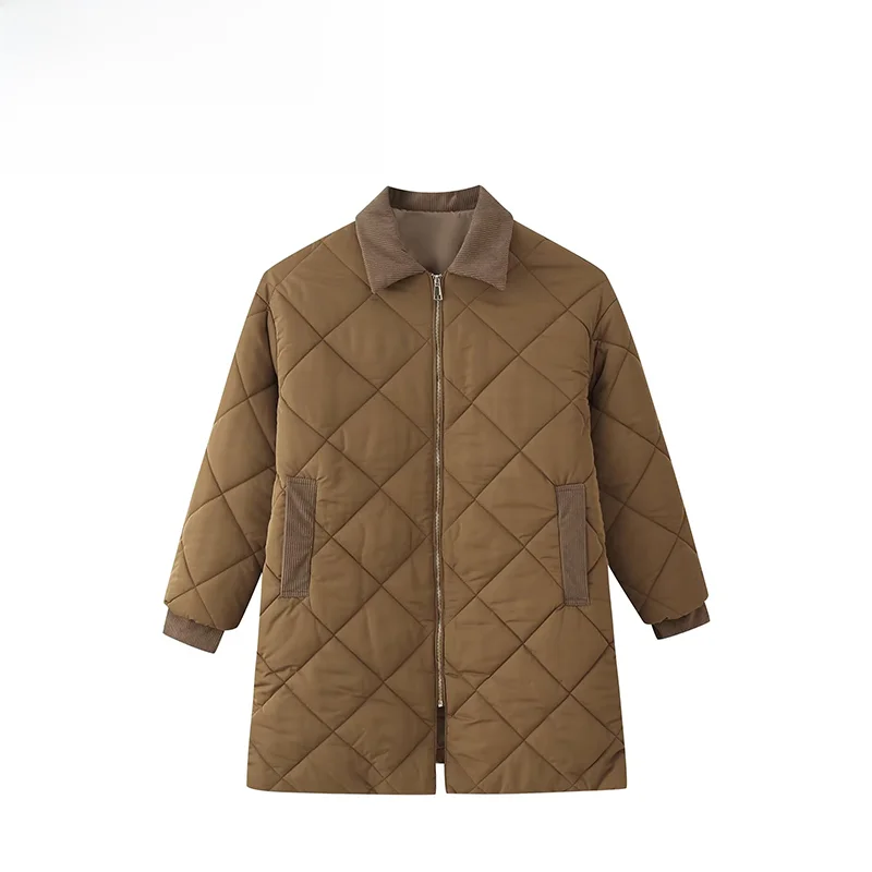 Fashionable Long Diamond Pattern Embroidered Cotton Jacket Women's Street Style Zipper Closure  Color Casual Outerwear