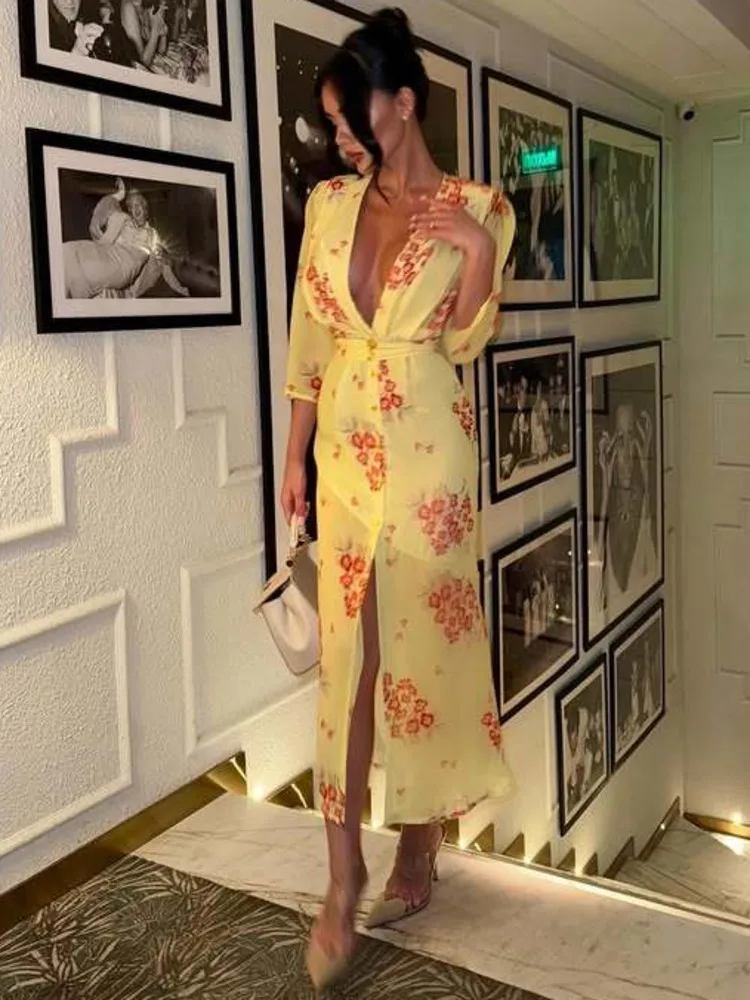 

Blifanbo Deep V Neck Print Sexy Maxi Dress For Women Slim Thigh Split High Waist Elegant Fashion Holiday Dress Female Vestido