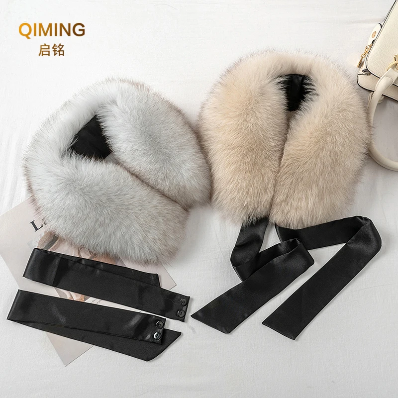 Fox Fur Collar Ladies Winter Ribbon Real Fox Fur Scarf Women Scarf Luxury Designer Scarf Ring Coat Fluffy Warmth Furry Shawl