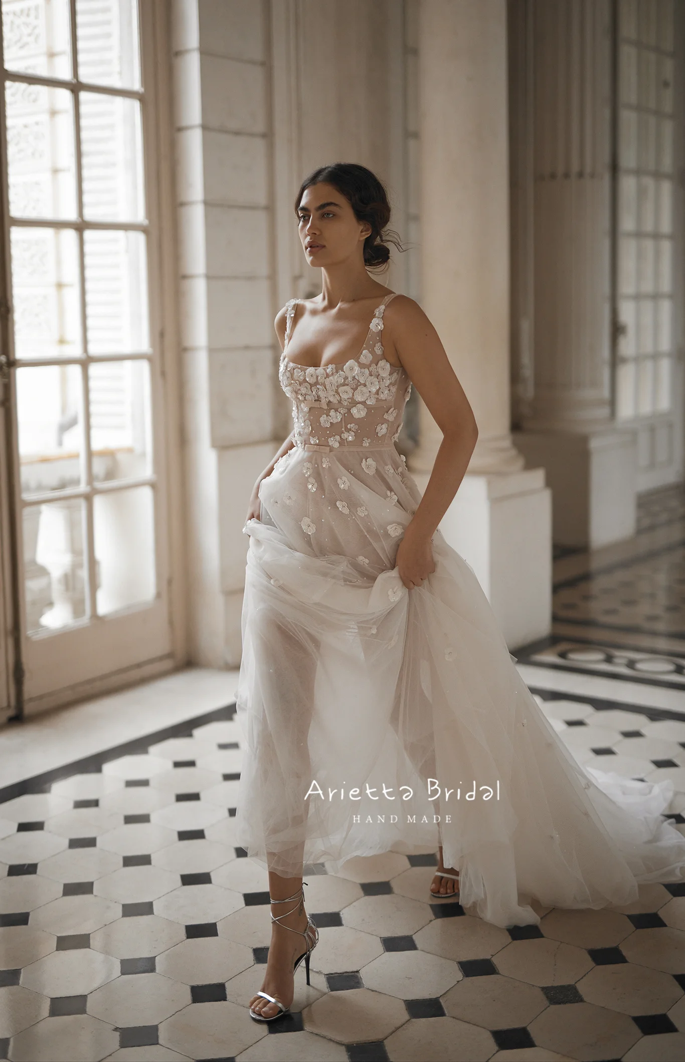 Arietta-Robe de Mariée Longue à Col Carré en Tulle, Vêtement à Fleurs Fibr3D, Ligne A, pour Patients, Dos aux