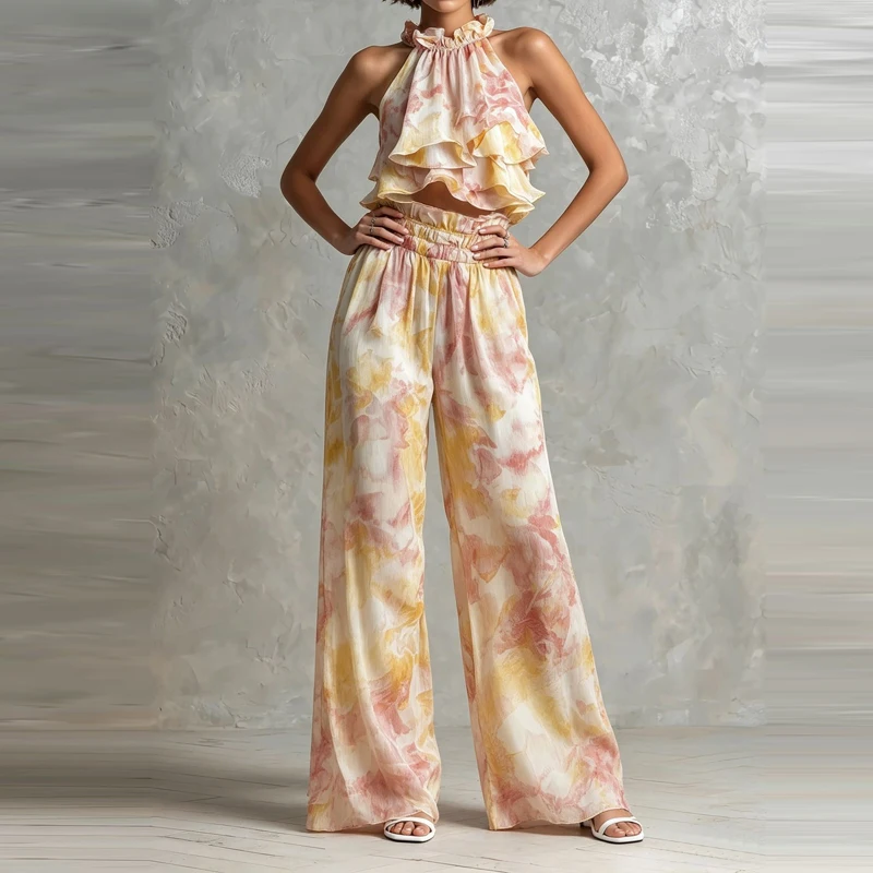 

Ruffled Edge Holiday Outfits Sexy Halter Neck Top & Wide Leg Pant Women Suit Elegant Pattern Print Wide Leg Pant Loose 2Pc Sets