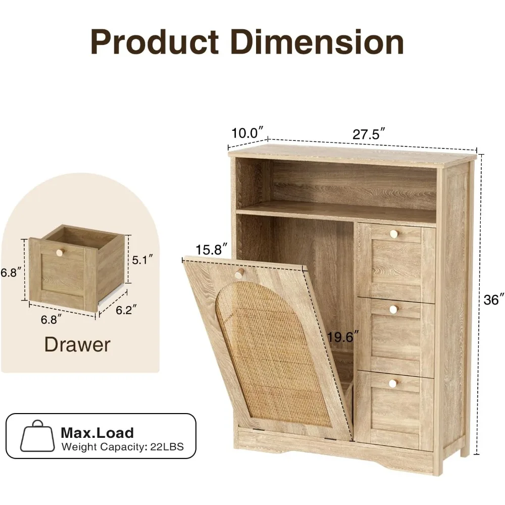 خزانة تخزين الروطان مع 3 أدراج، سلة مهملات قابلة للإمالة لصندوق سعة 10 جالون، منظم سلة الغسيل #2