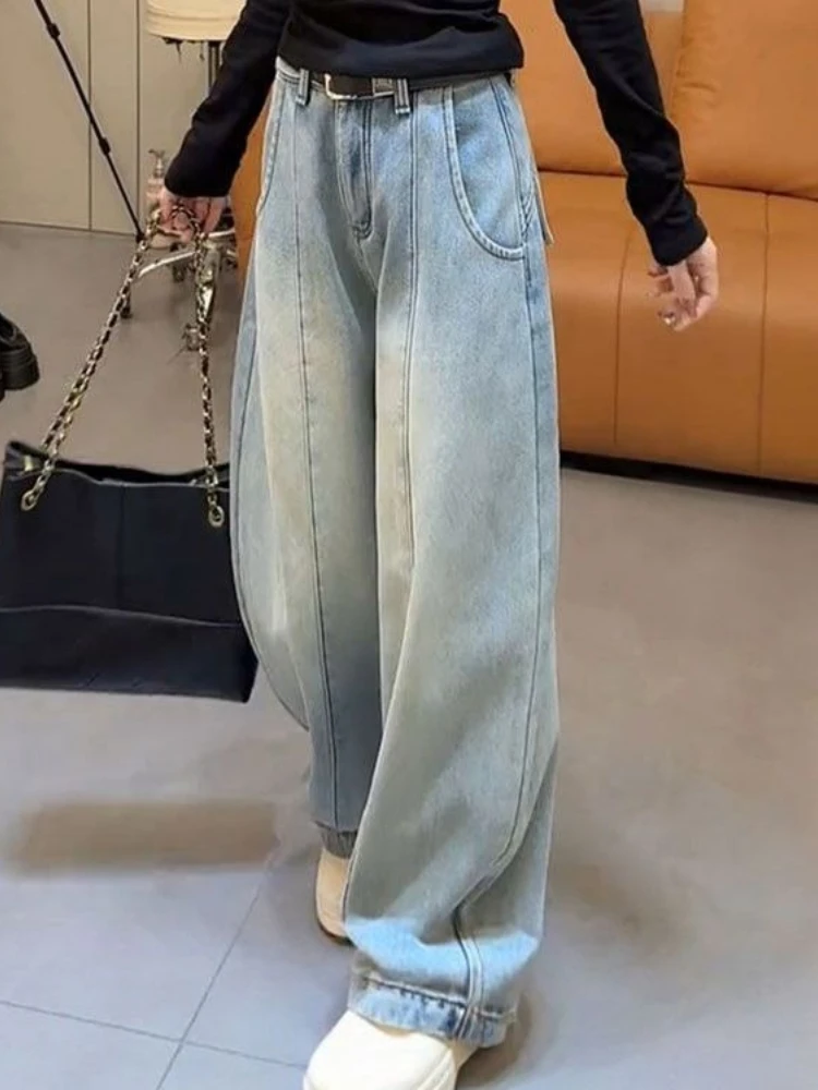 

Light blue curved knife jeans women spring new popular American style retro casual fashion straight leg wide leg jeans