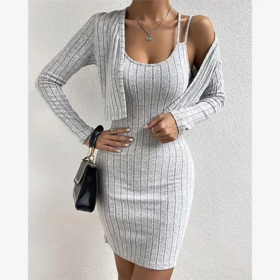 

Вязаные комплекты Long Sve, кардиган с двойными бретелями, облегающая юбка из полиэстера, модный женский ансамбль