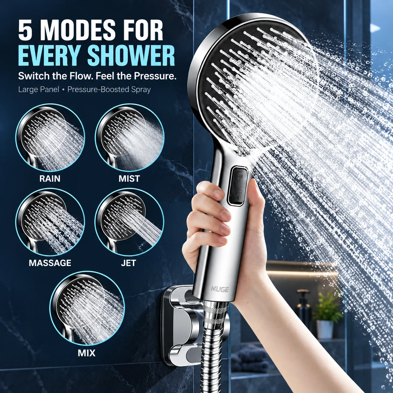 5 Modes Boosting Showerhead Adjustable Water Flow Anti-Clog Nozzle High Pressure Handheld Shower Head