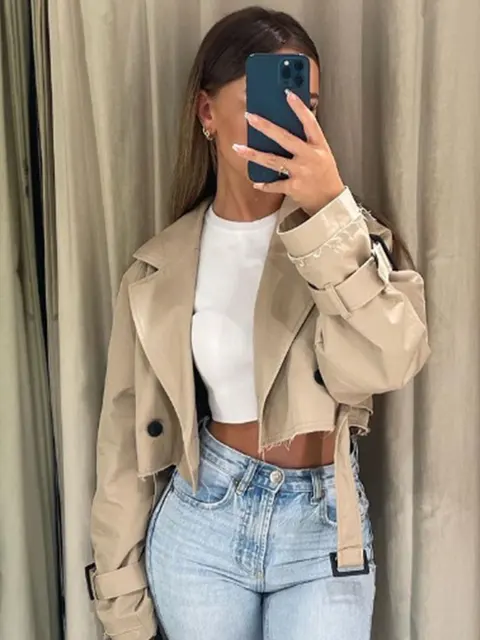 2024 Przycięta kurtka wiosenna z paskiem Kobiety Vintage Streetwear Dwurzędowy top z długim rękawem Kobiece stroje płaszczowe