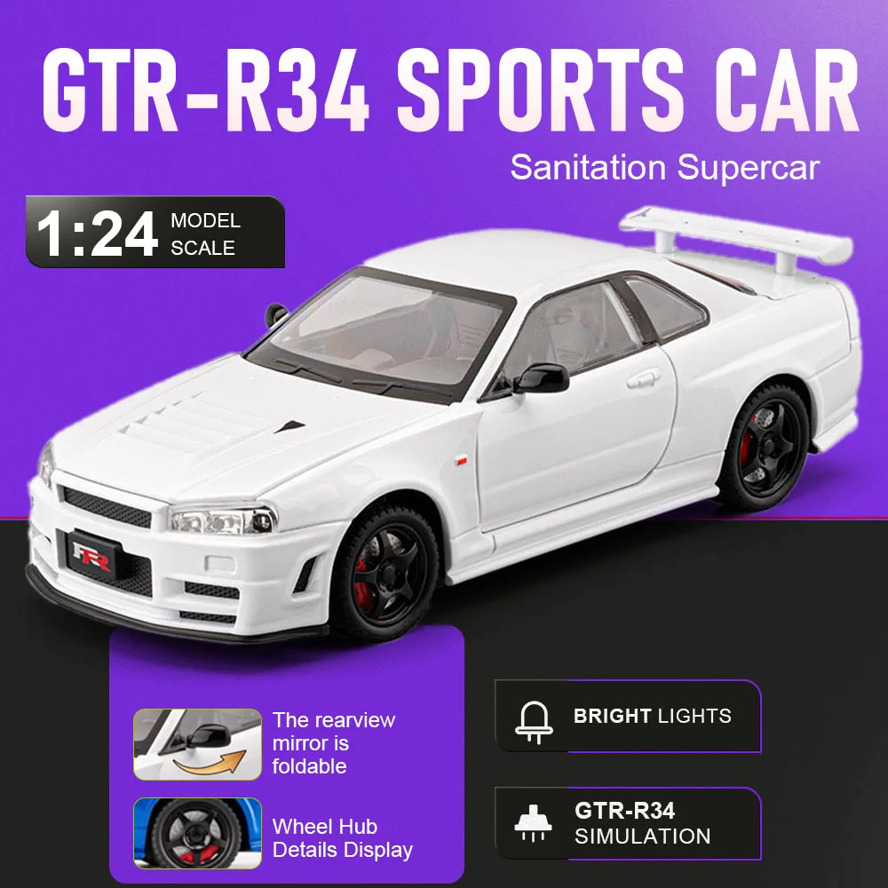 

Модель спортивного автомобиля GTR-R34 в масштабе 1:24, литая из сплава, с открывающимися дверями, откатным механизмом, поворотными передними колесами, суперкар-украшение для детей, подарок