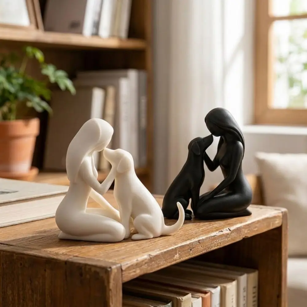 Minimalist Woman and Dog Friendship Sculpture Pet Lover Art 3D Printed Desktop Dog Statue Plastic Unique