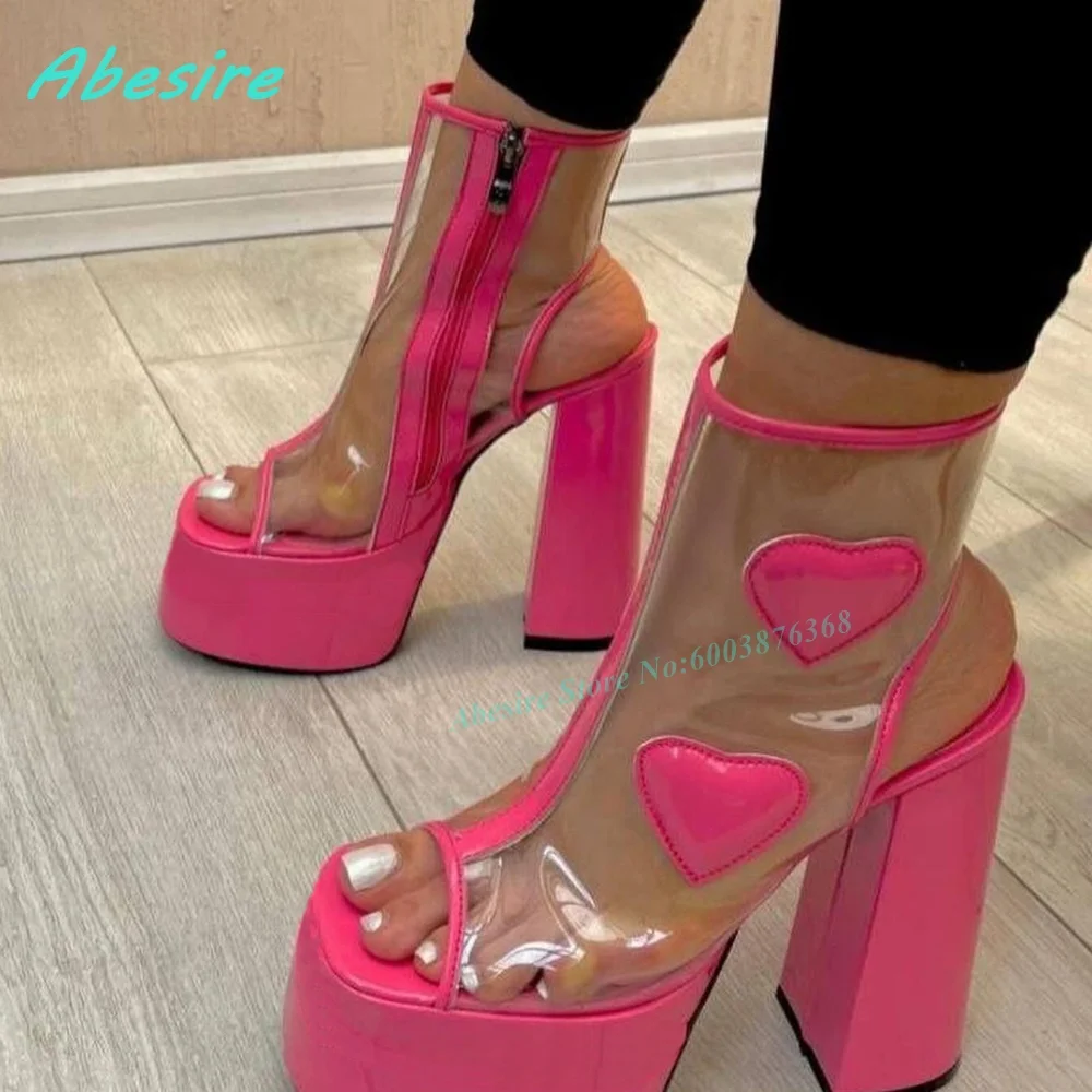 Orange Heart-Shaped Decoration Sandal Boots Clear Pvc Platform Peep Toe Side Zipper Women's Sandals Sweet Y2K Party Shoes view 6