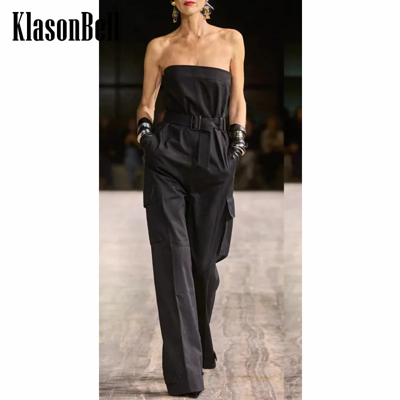 

8,15 Klasonbell женский модный сексуальный комбинезон без бретелек с поясом Новинка Осень 2024 карго с двумя боковыми карманами прямые брюки костюм для игры