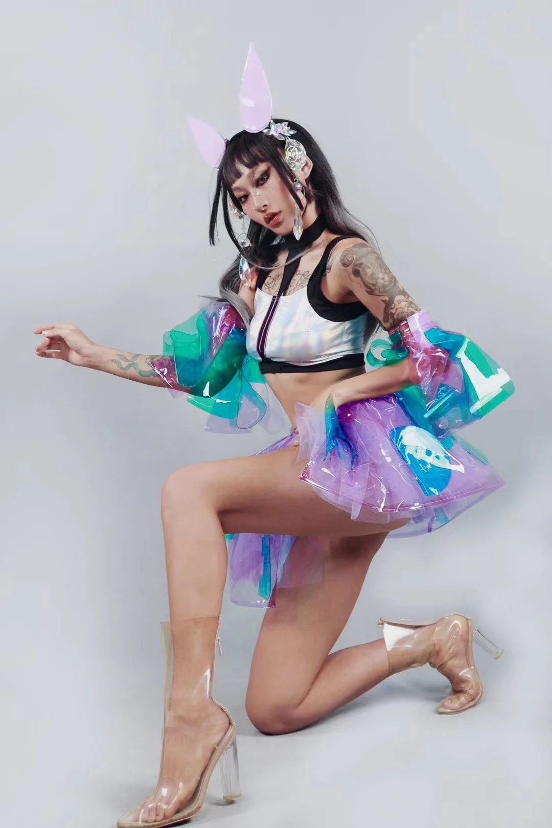 Nowy zestaw damskich ubrań do tańca jazzowego Urocza przezroczysta spódnica z rękawami Gogo Strój do tańca w klubie nocnym Tancerz sceniczny