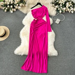 Elegant Chic Hollow Dress French Diagonal Collar Long Sleeve Evening Party Vestidos Women Party Ceremonial Hip Wrap Dress