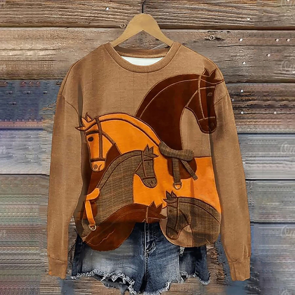 3d Vintage Horse Printing Women Hoodie Autumn Pullover O-Neck Sweatshirts Women Fashion Casual Female Loose Female Clothing