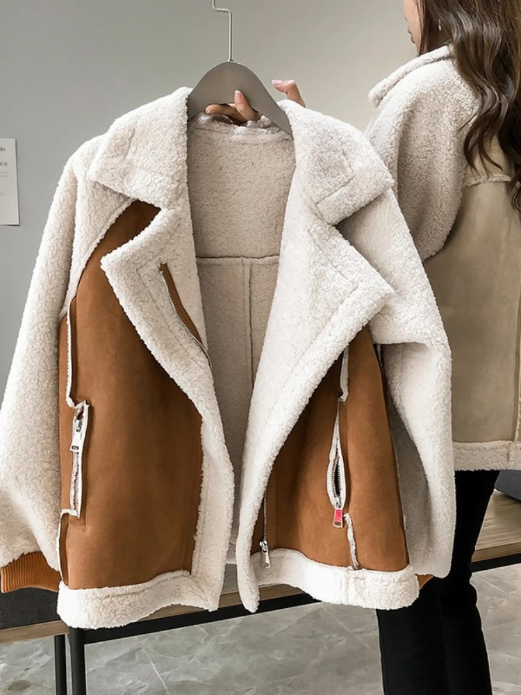 

Fashion Lamb Wool Zipper Jacket for Autumn Winter New Women's Loose Solid Color Suede Patchwork Lapel Loose Casual Jacket