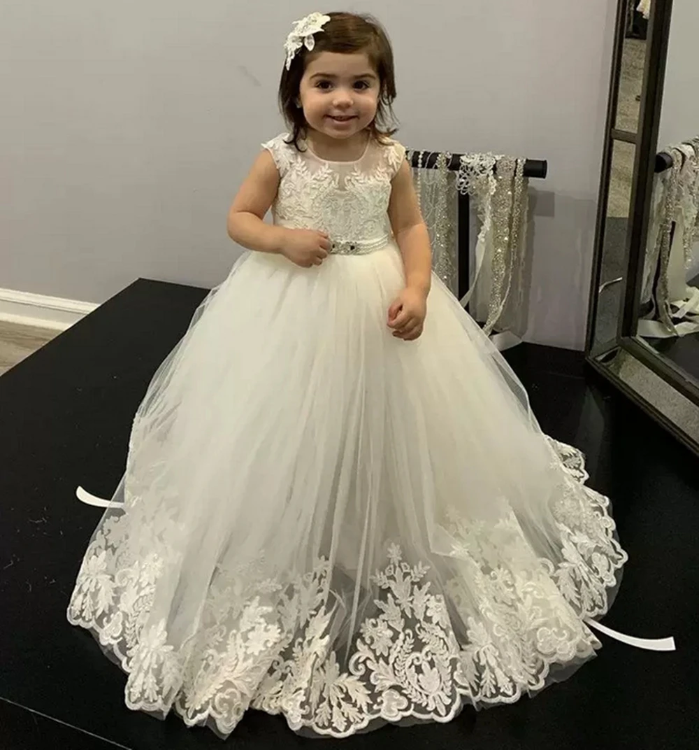 Beautiful Tulle Lace Print Fluffy Princess Sleeveless Flower Girl Dresses Wedding Party Ball First Communion Dresses Banquet