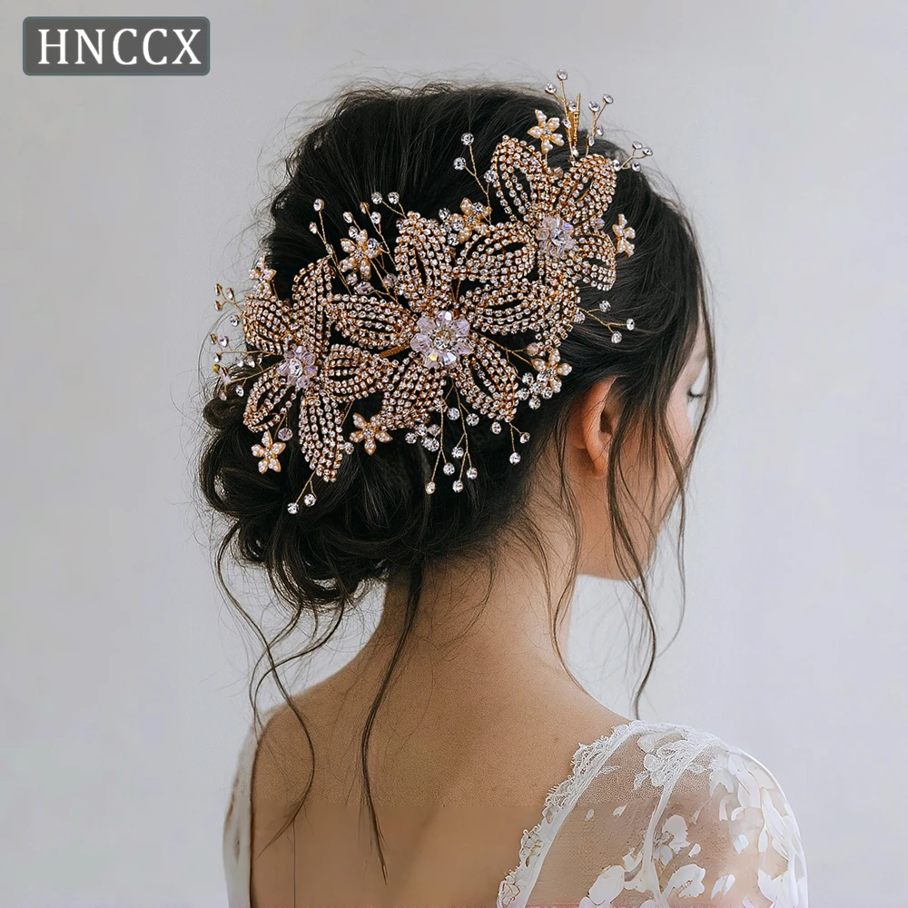 

HNCCX Luxury Rhinestone Flower Bride Headbands Golden Color Wedding Headpieces Vintage Hair Accessories Handmade Headwear HP252