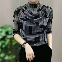 Spring Autumn Fashion Half High Collar Plaid T-shirt Female Korean Elegant Long Sleeve Gauze Spliced Tops Women's Clothing 2023