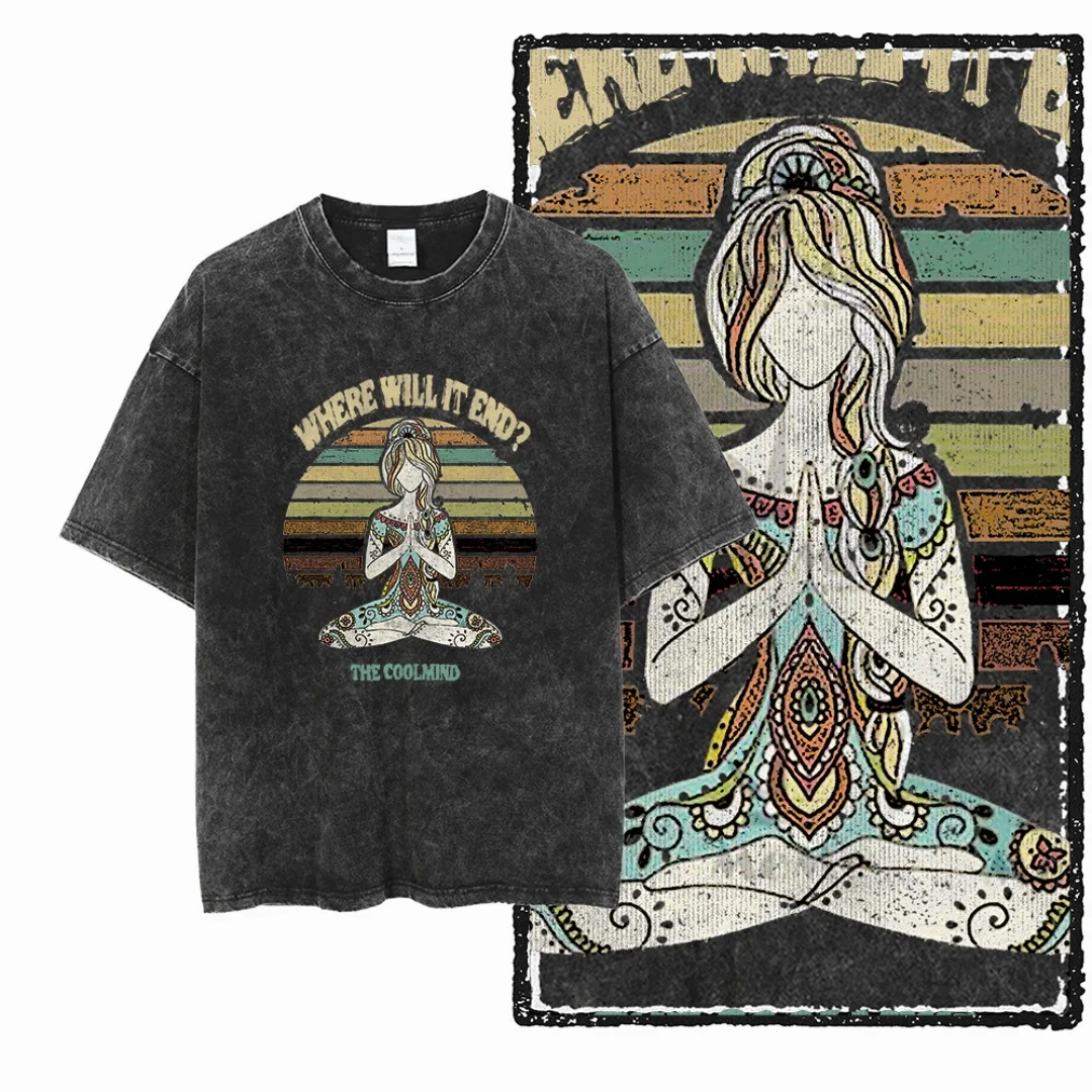 

Vintage Washed Decorative Zen Sitting Figure Graphic Will It End Men T Shirt Oversized Black T-Shirt Worn-in Casual Streetwear
