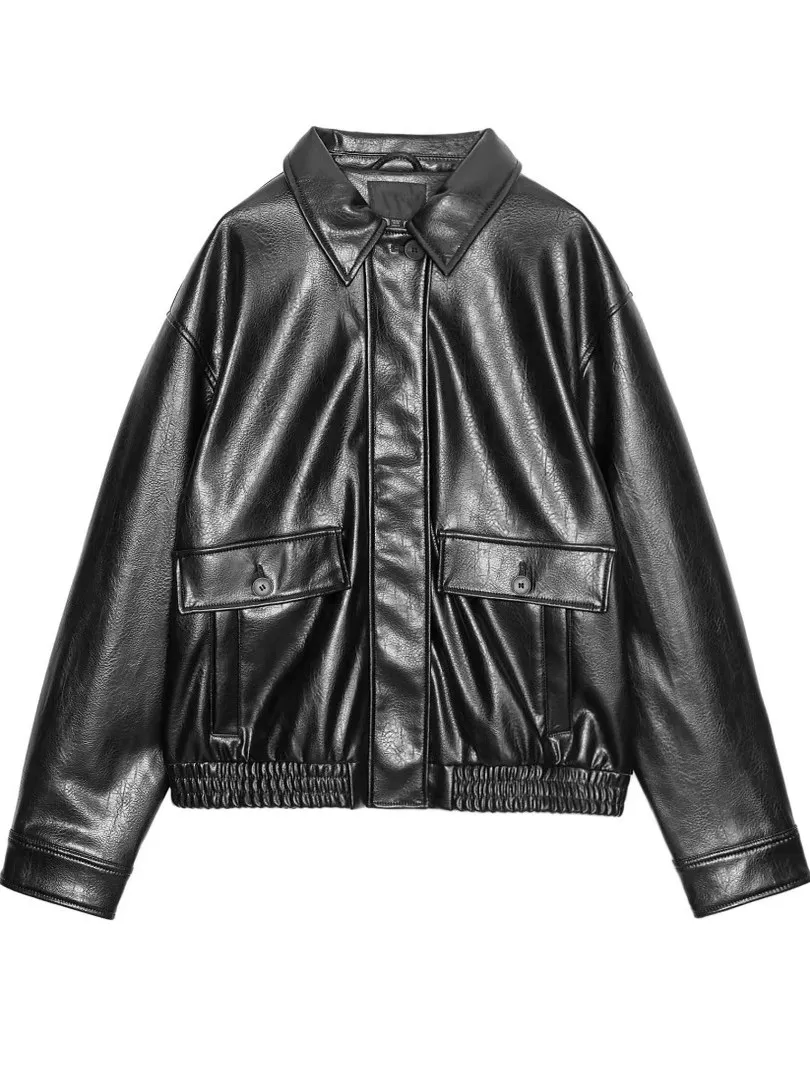 New 2025 Autumn Women's Workwear Sle Faux Leather Pilot Collar Jaet Outerwear 439773 800 Faion Stand Fit Ladies Coat