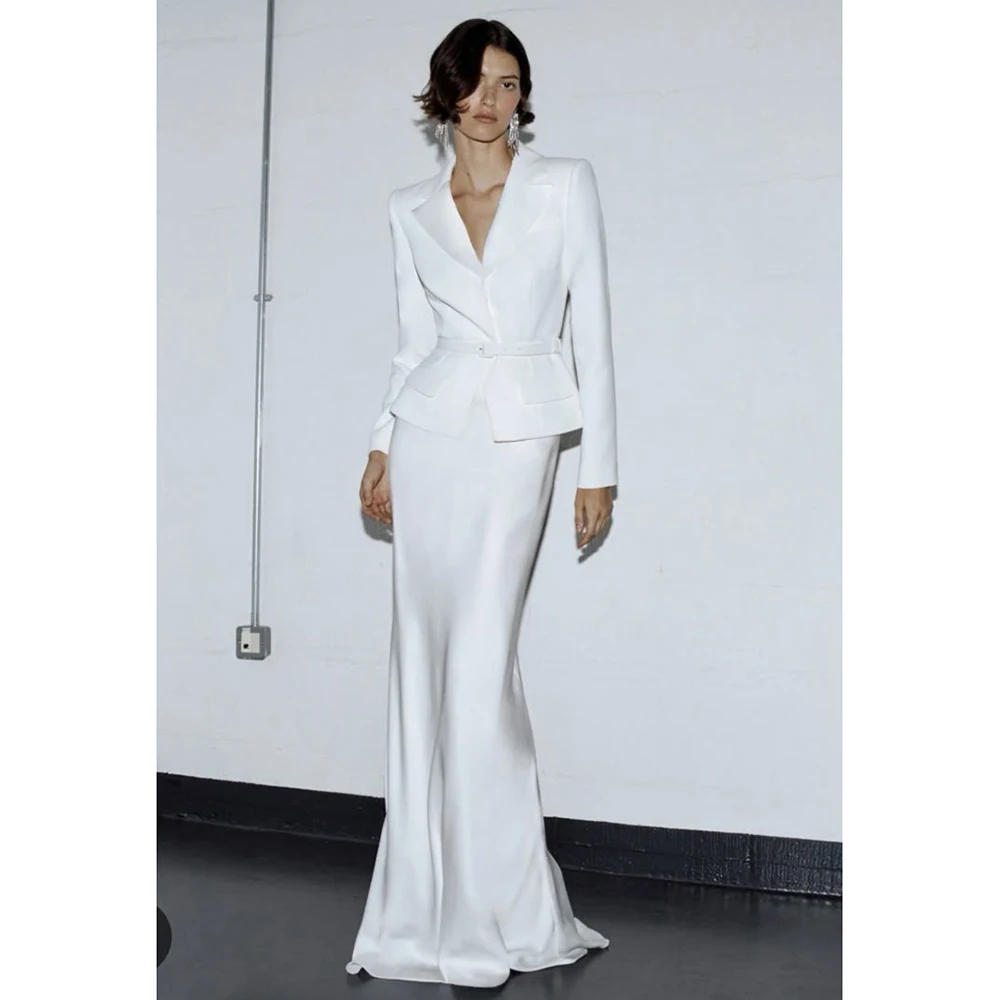 

Elegant White Satin Evening Dresses V-neck Slim Long Sleeve Long Mermaid Prom Dresses Floor Length Party Evening Banquet Growns