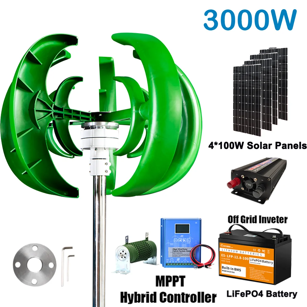 3KW Household  Vertical Axis Wind Turbine Alternative Energy Generator 48V 3000W Windmills With MPPT Hybrid Controller