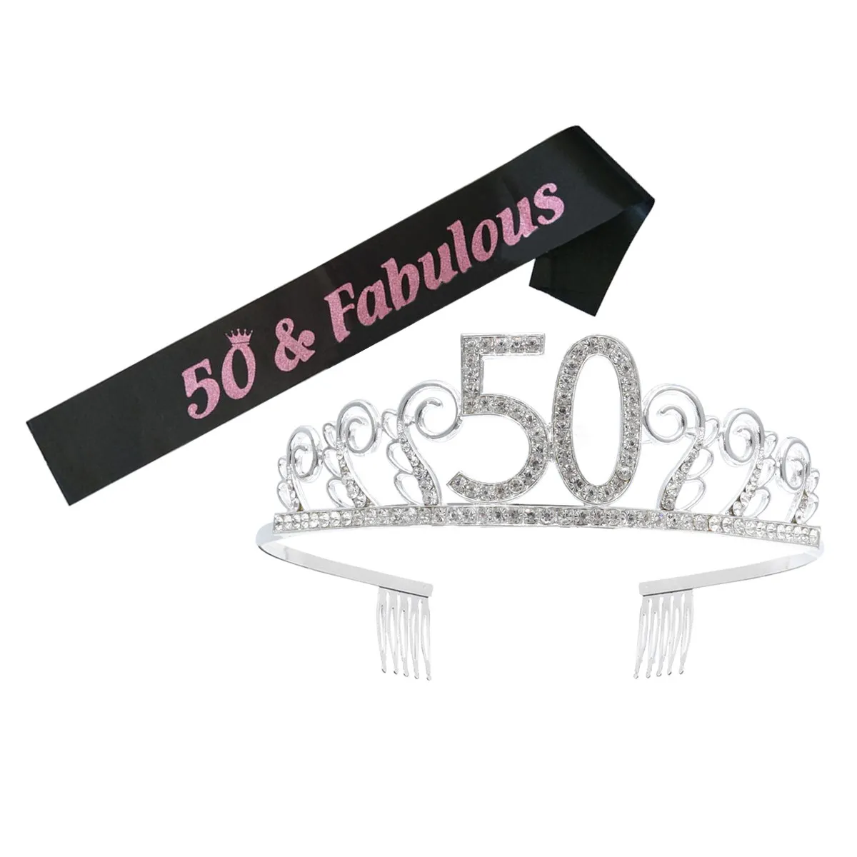 1Set Birthday Crown Rhinestone Tiara Hair Comb Letter Printing Sash Party Decoration Sash for Birthday Queen Party Etiquette
