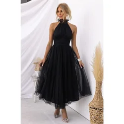 Women's Spring/Summer Open Back Dress Hanging Neck Sleeveless Mesh Solid Color Dress Tunic Waist Leisure Vacation Party Dress