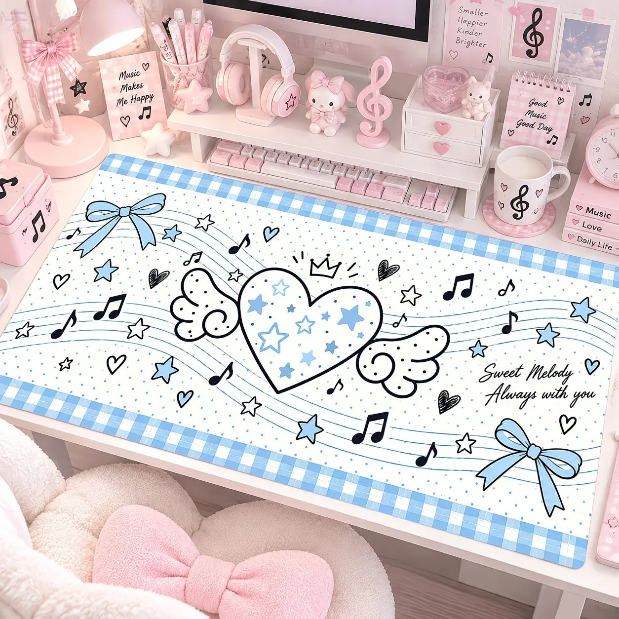 PU Leather Mouse Pad Record Notes Wings Bow MousePad Black Polka Dot Office Desk Mat Waterproof Non-Slip PU Desk Blotter Pad