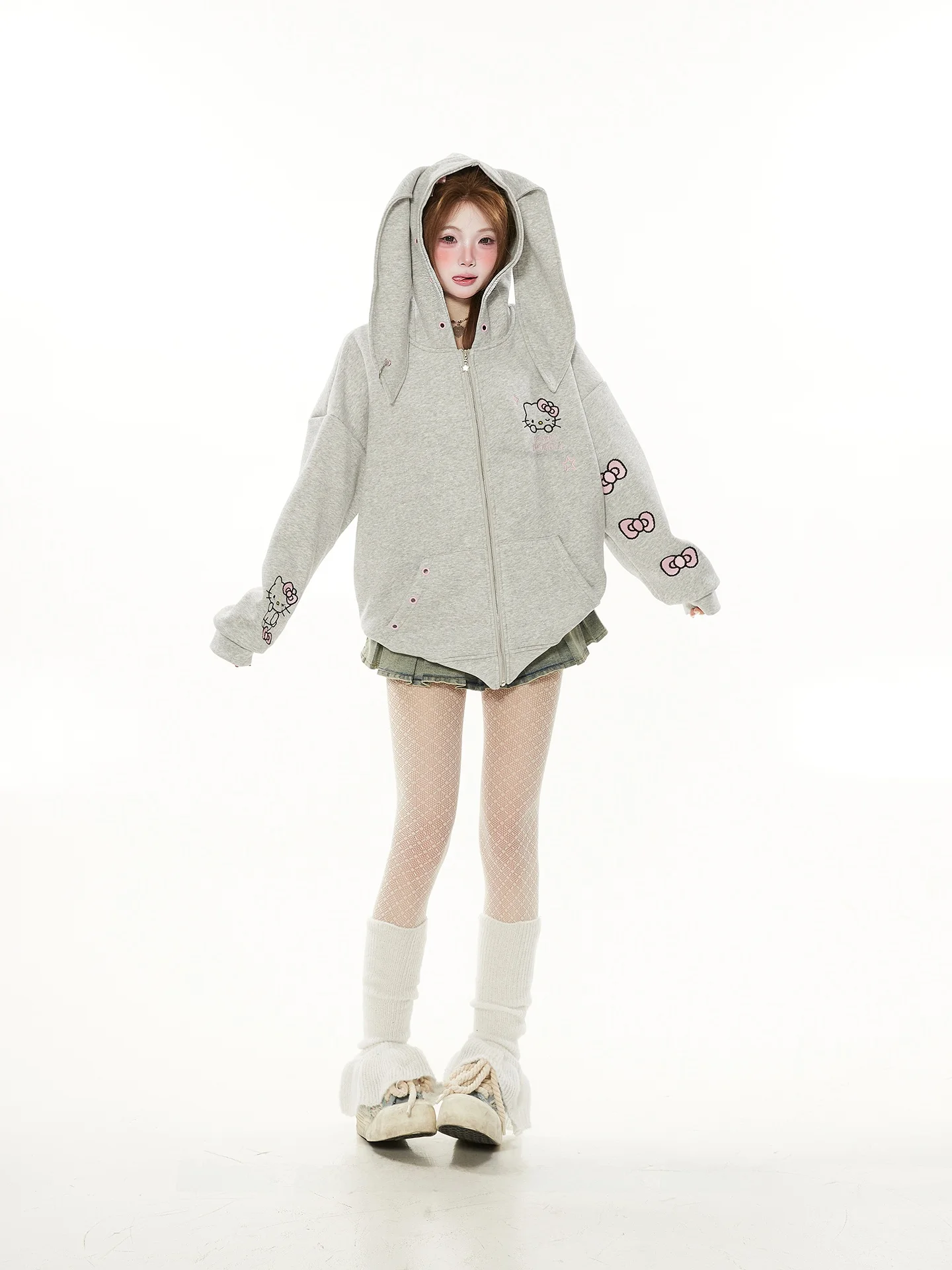 

Adorable Rabbit Ear Outerwear Women's Soft Cozy Kit Bowtie Spring Autumn Korean Sle Cartoon Anime Casual Hooded Jaet