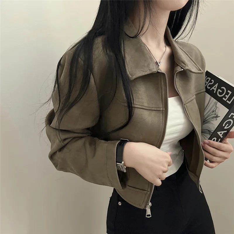 

Summer Vintage Sli Lapel Zipper Loose Versatile Long Sve Leather Velvet ort Jaet Women's Faion Outerwear