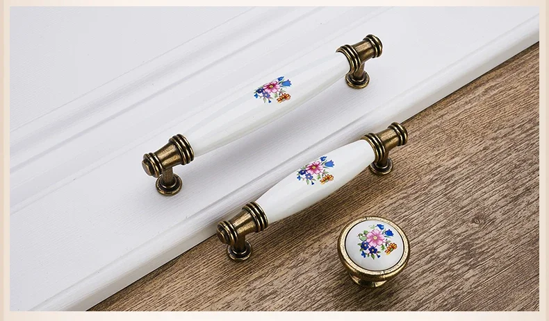 Antique Bronze Ceramic Cabinet Handles Zinc Alloy Drawer Knobs Wardrobe Door Handles Morning Glory European Furniture Handle