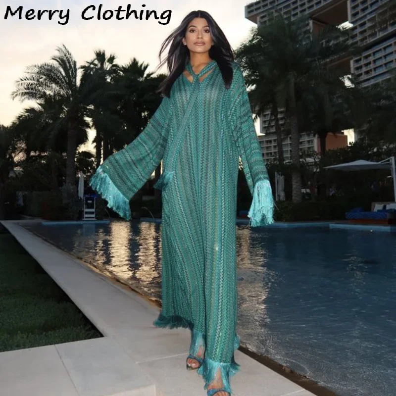 Elegant Tassel Hem Maxi Dress Women V-neck Long Sleeve with Scarf Loose Dresses 2026 NEW Spring Luxury Lady Party Evening Gowns