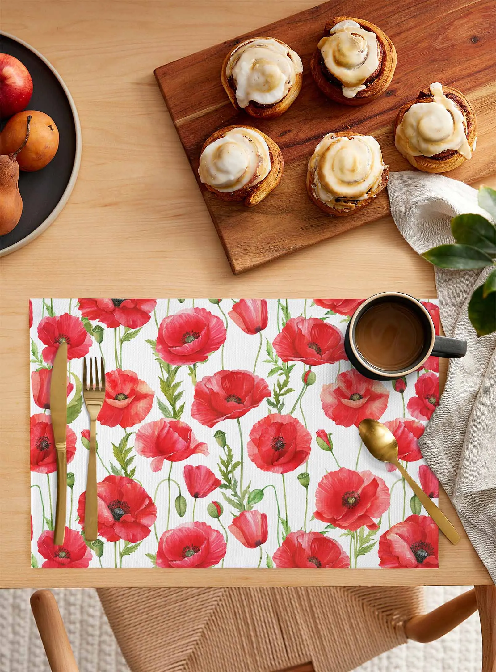 Watercolor Red Poppy Flower Placemat Wedding Party Dining Decor Linen Table Mat Kitchen Accessories Table Napkin