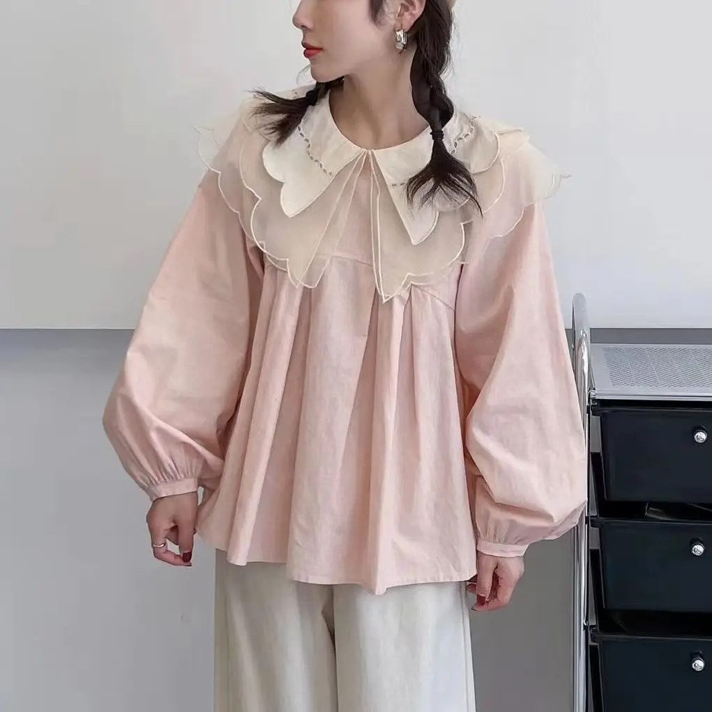 Mori kei japanese style y2k tops sweet cotton pink long sleeve blouse for girls lolita clothes stylish women\'s clothing