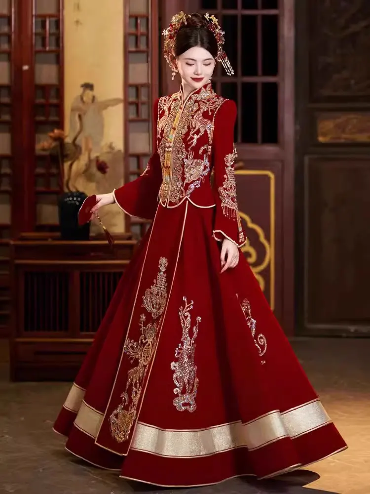 

Бархатное свадебное платье в китайском стиле с длинными рукавами, с изображением дракона и феникса, для свадебной церемонии, весенние новинки