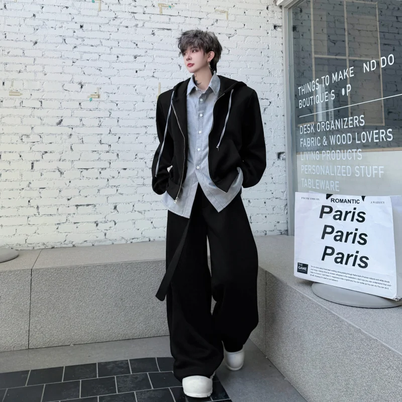 

Моющийся спортивный комплект для мужчин с капюшоном и широкими брюками, осень-зима, Новое поступление, комплект из двух предметов, длинные брюки све